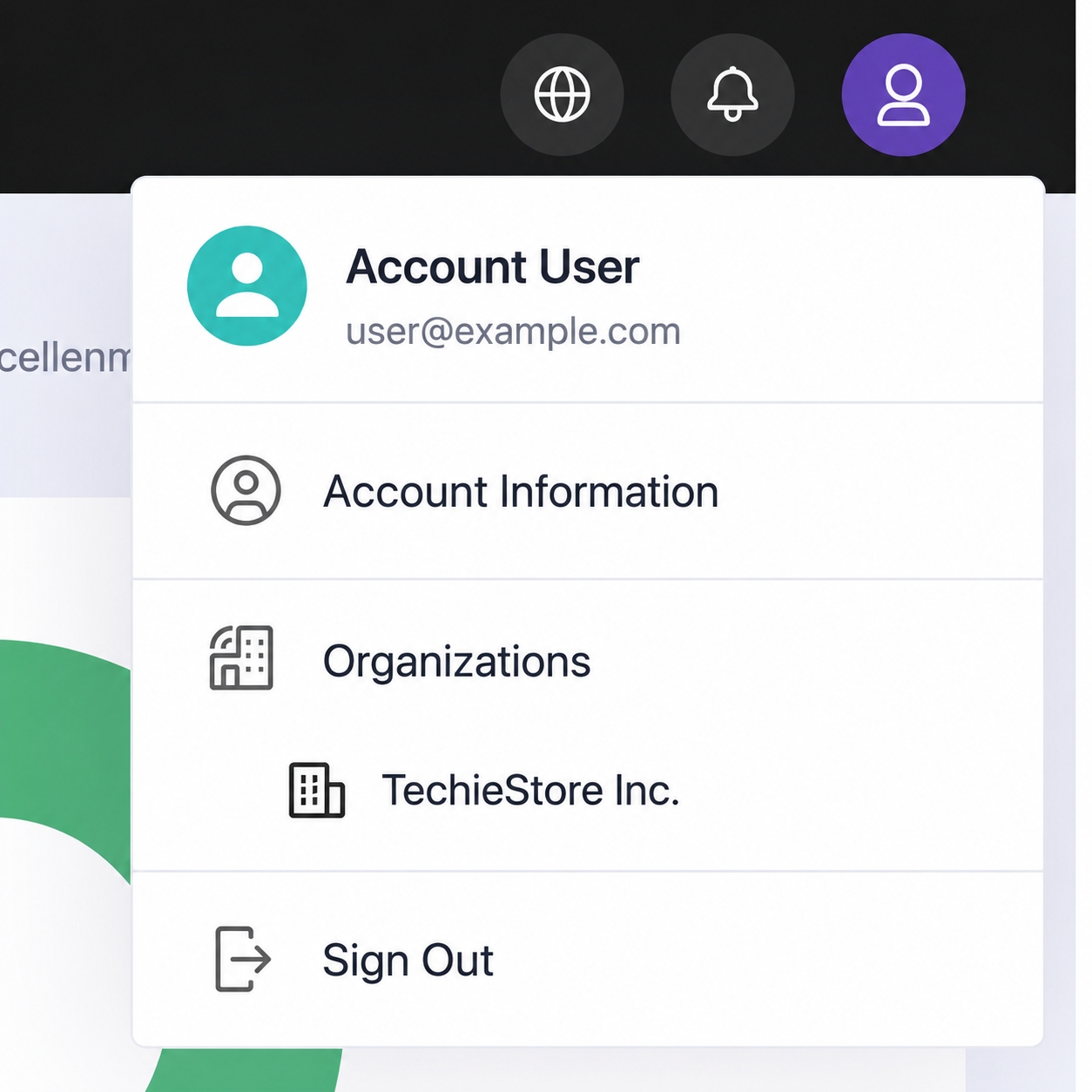 Lidia PIM account and organization menu